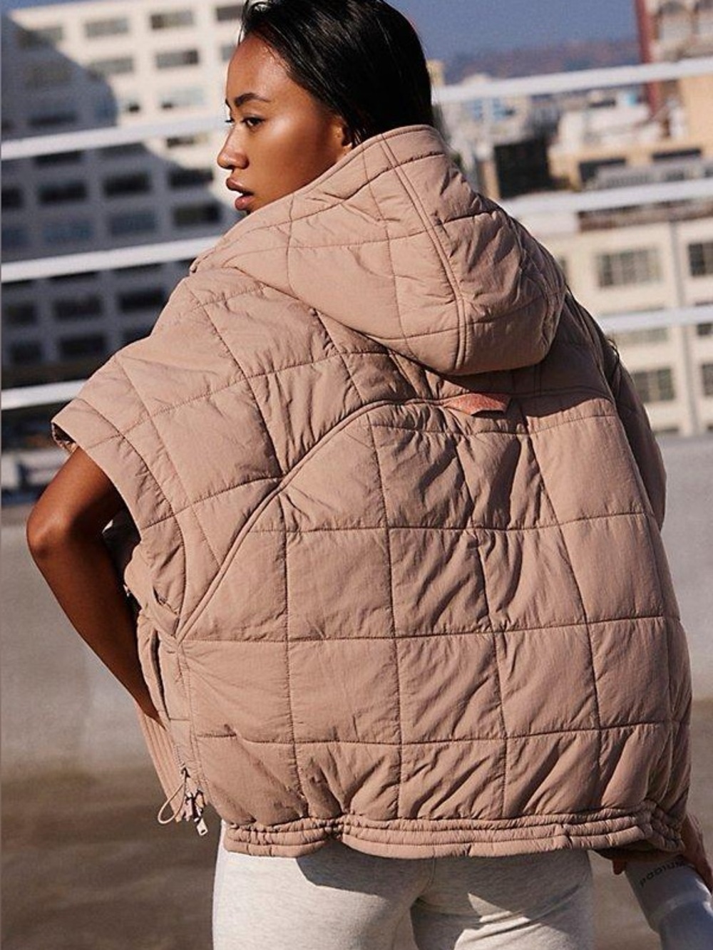 FP Movement Happy Trails Poncho Puffer Vest Sandy Brown Beige Tan